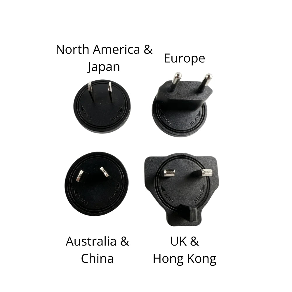 Plug attachments for North America and Japan, Europe, Australia and China, UK and Hong Kong