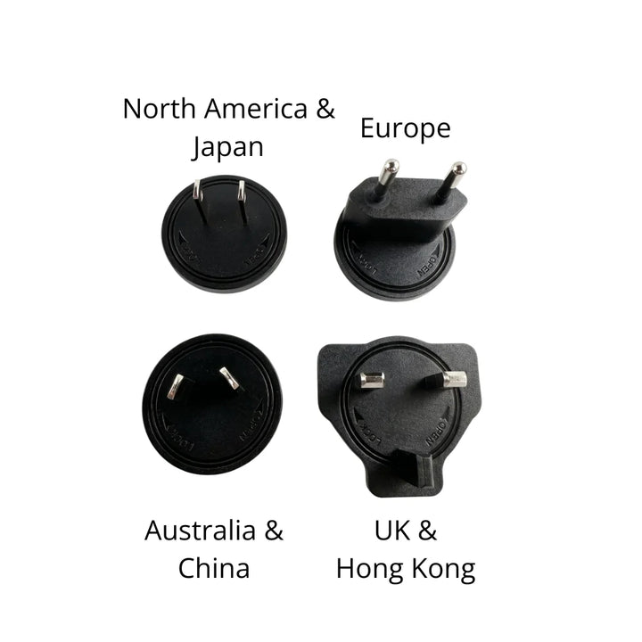 Plug attachments for North America and Japan, Europe, Australia and China, UK and Hong Kong